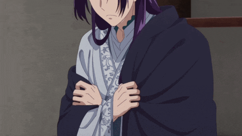 a person with purple hair is wearing a kimono and a cape