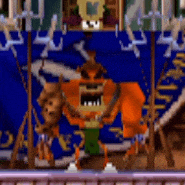 a cartoon character is standing in front of a blue wall in a game .