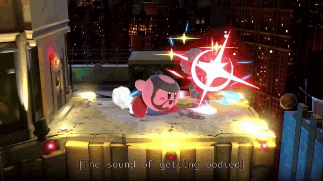 kirby is fighting another kirby in a video game with the words " the sound of getting bodied " below him