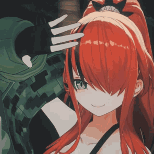 a girl with red hair and green eyes is wearing a glove