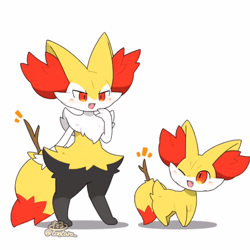 a cartoon drawing of a fox and a smaller fox with a stick in its mouth