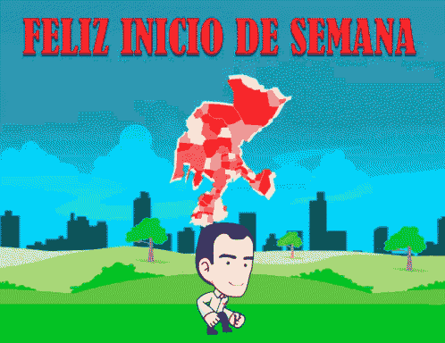 a cartoon of a man with the words feliz inicio de semana in red