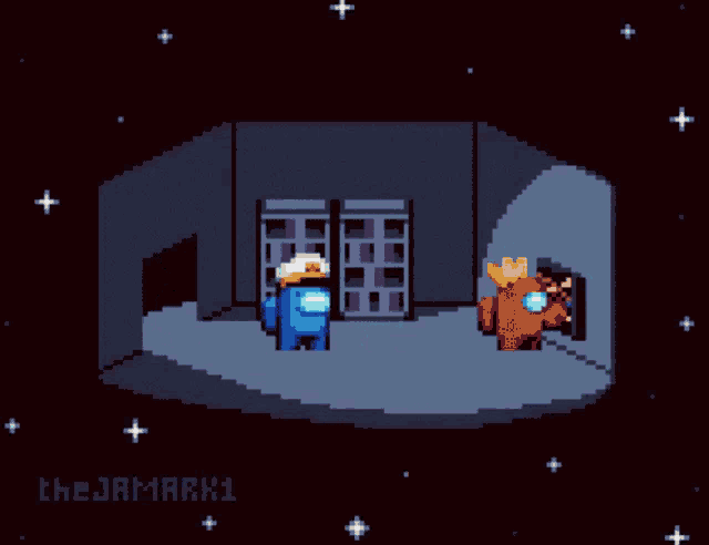 a pixel art of among us characters with a question mark in the middle
