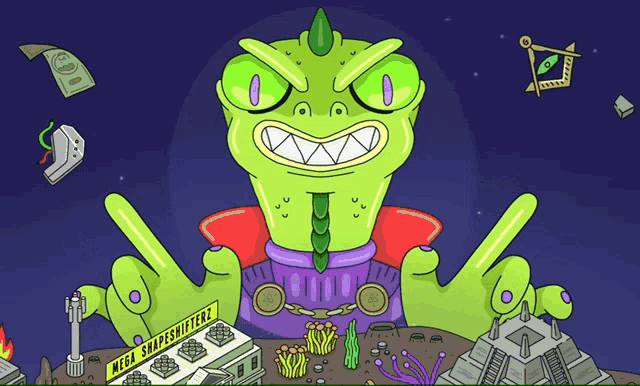 a cartoon of a lizard holding a sign that says mega snapshots
