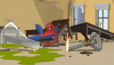 a cartoon of spider-man laying on a lounge chair next to a bottle of liquid