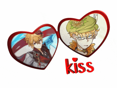 two hearts with a picture of a boy and the word kiss below them