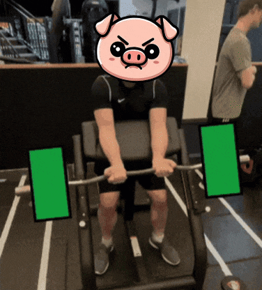 a man lifting a barbell in a gym with a pig on his face