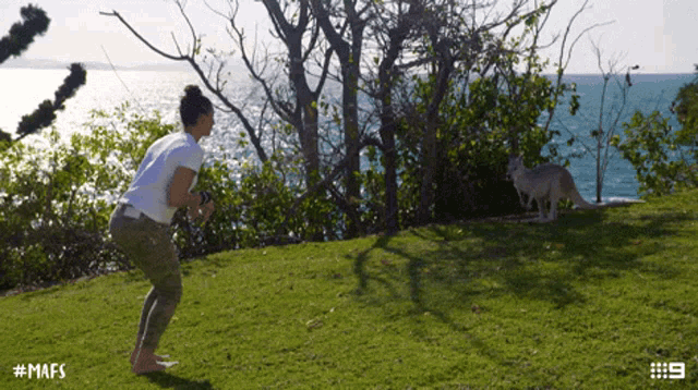 a woman stands on a grassy hill looking at a kangaroo with the hashtag # mafs on the bottom