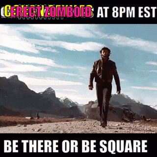 a man walking on a dirt road with the words be there or be square on the bottom