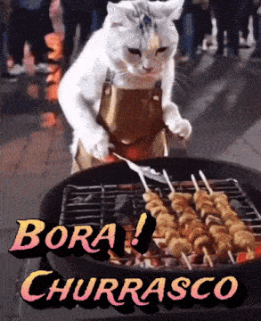 a cat in an apron is cooking food on a grill with the words bora churrasco above it