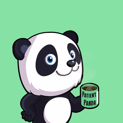 a panda bear holding a cup that says patient panda on it