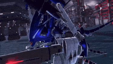a robot with a green light on its head is being attacked by another robot