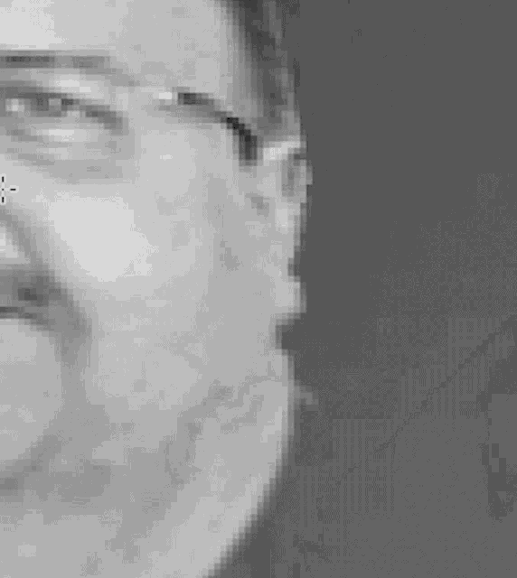 a close up of a man 's face wearing glasses and smiling in a black and white photo .