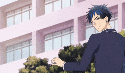 a boy with blue hair is walking in front of a building