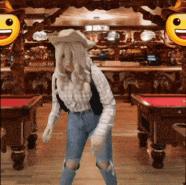a woman dressed as a cowboy is dancing in a pool hall