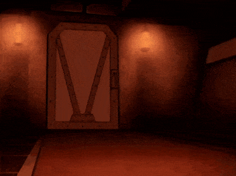 a cartoon character is standing in a dark room with a fireball coming out of his hands