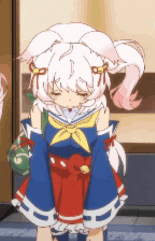 a girl with white hair and a blue and red dress is standing with her eyes closed