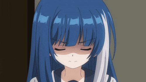 a girl with blue hair has her eyes closed and a sad look on her face