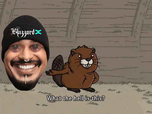 a cartoon of a man and a beaver with the words what the hell is this below them