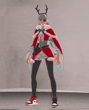a girl with antlers on her head is wearing a red and white outfit