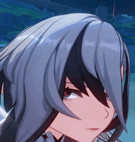a close up of a person 's face with gray hair and red eyes