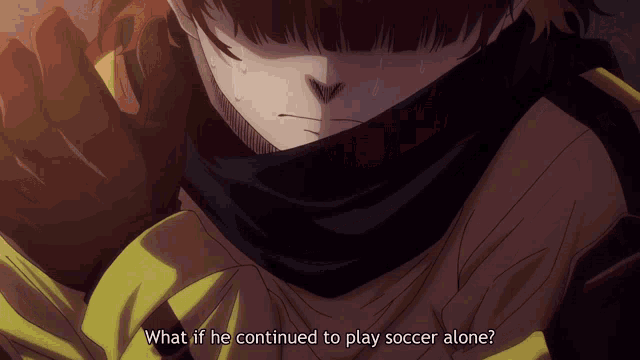 a close up of a person with the words " what if he continued to play soccer alone " on the bottom
