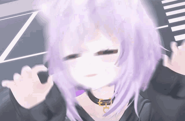 a girl with purple hair is wearing a choker and a black shirt