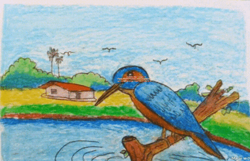 a drawing of a bird sitting on a branch near a body of water