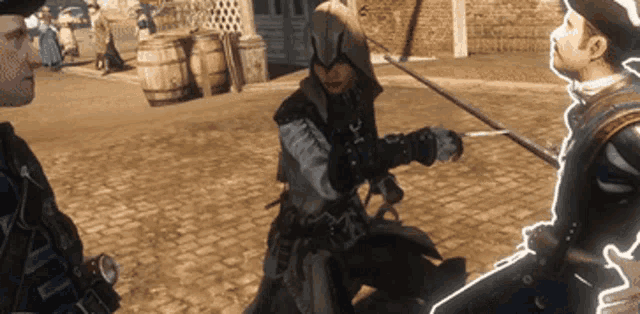 a man in a pirate costume is holding a sword and talking to another man