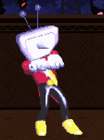 a pixel art of a cartoon character with a giant head