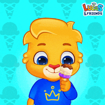 a lucas and friends advertisement with a cartoon character eating an ice cream cone