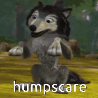 a cartoon wolf with the word humpscare written on the bottom