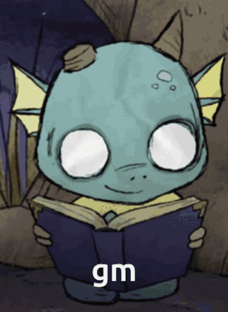 a cartoon of a monster reading a book with the word gm below him