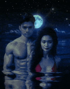a man and a woman are standing in the water and the word giepie is lit up in neon
