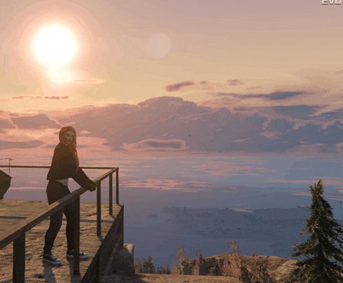 a woman stands on a balcony overlooking a valley with the word evo on the bottom