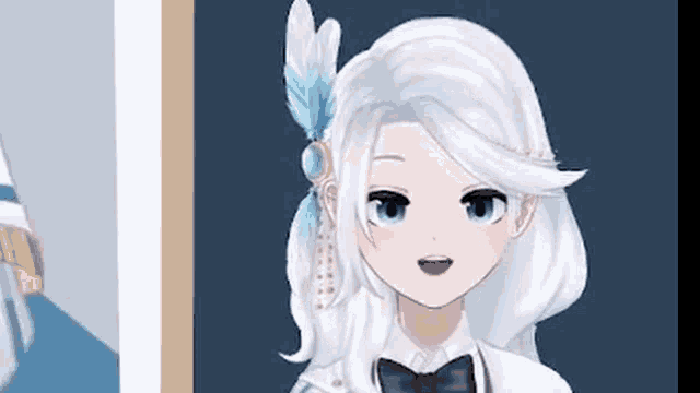 a cartoon girl with white hair and feathers in her hair is wearing a bow tie .