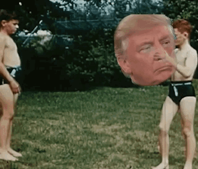 a picture of donald trump 's face is being held up by two boys