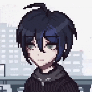 a pixel art of a boy with blue hair and green eyes standing in front of a building .