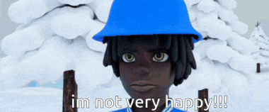 a cartoon character wearing a blue helmet says i 'm not very happy !!!