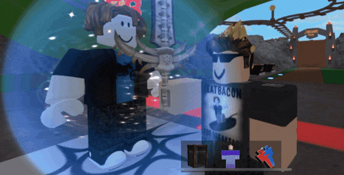 a roblox character wearing a shirt that says bat bacon