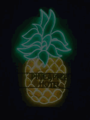 a neon sign of a pineapple with the words pineapple hotel below it