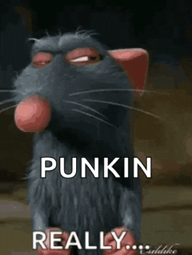 a cartoon rat says punkin really on a dark background