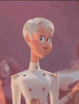 a cartoon character with short white hair and a white uniform is smiling .