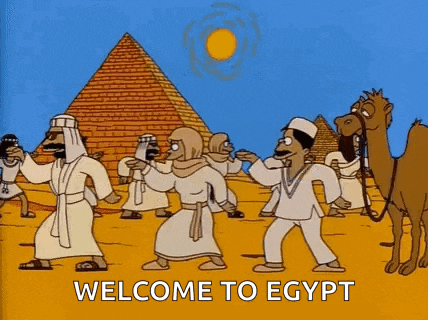 a cartoon of a group of people dancing in front of a pyramid .