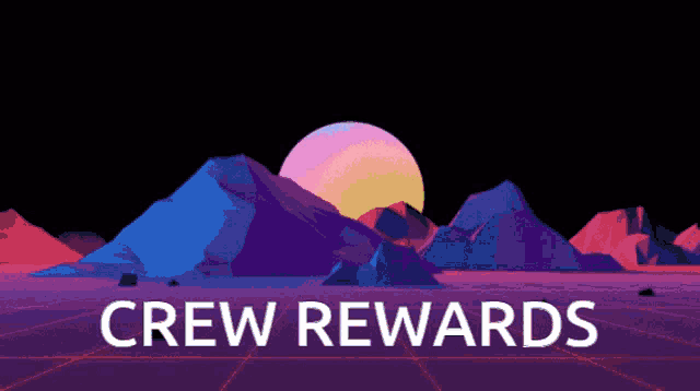 an advertisement for crew rewards shows mountains and a sun