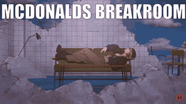 a man laying on a couch with the words mcdonald 's breakroom below him