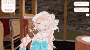 a girl in a blue dress is standing in a room with the time of 8:09