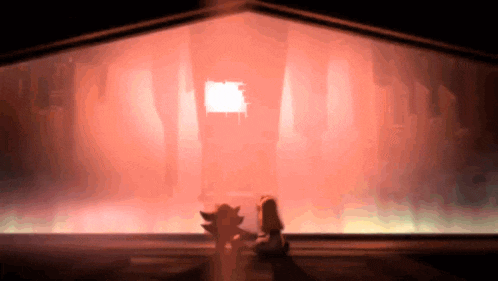 shadow the hedgehog and a girl are sitting in front of a red wall