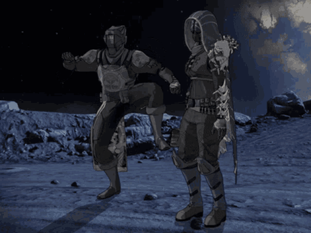 a drawing of a man and a woman standing on a snowy planet