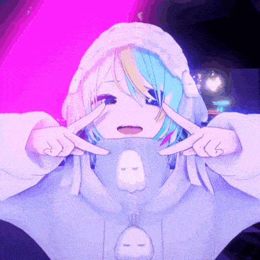 a girl with blue hair and a white hat is making a peace sign with her fingers